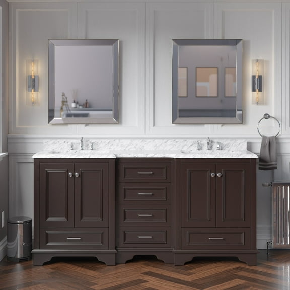 Nantucket 72" Double Bathroom Vanity with Chocolate Cabinet and Carrara Marble Top
