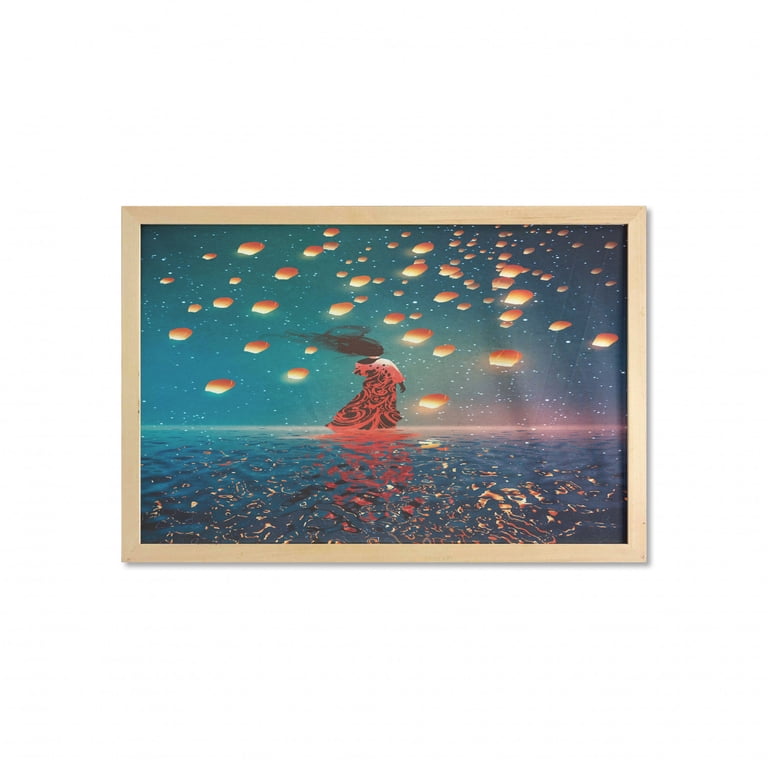 Fantasy Wall Art with Frame, Sorcerer Woman with Red Dress Standing on  Water with Lanterns on Air Fantasy Art, Printed Fabric Poster for Bathroom  Living Room, 35" x 23", Navy Blue, by