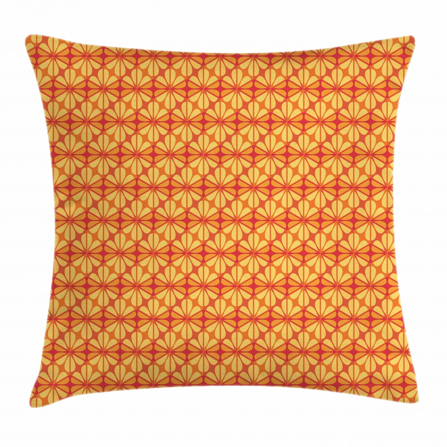 Orange Throw Pillow Cushion Cover, Geometric Grid Design with Floral