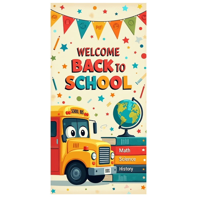 Colorful Welcome Back to School Banner with School Bus Globe and Books Background Party Decors for Classroom Decor School Events Photo Backdrop Supplies