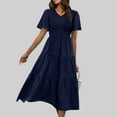thumbnail image 2 of Summer Saving Wycnly Summer Dresses for Women Beach Casual Elastic Waist Flowy Ruffle Swing A Line Long Sundress 2024 Short Sleeve V-Neck Solid Maxi Formal Dress Navy s, 2 of 5