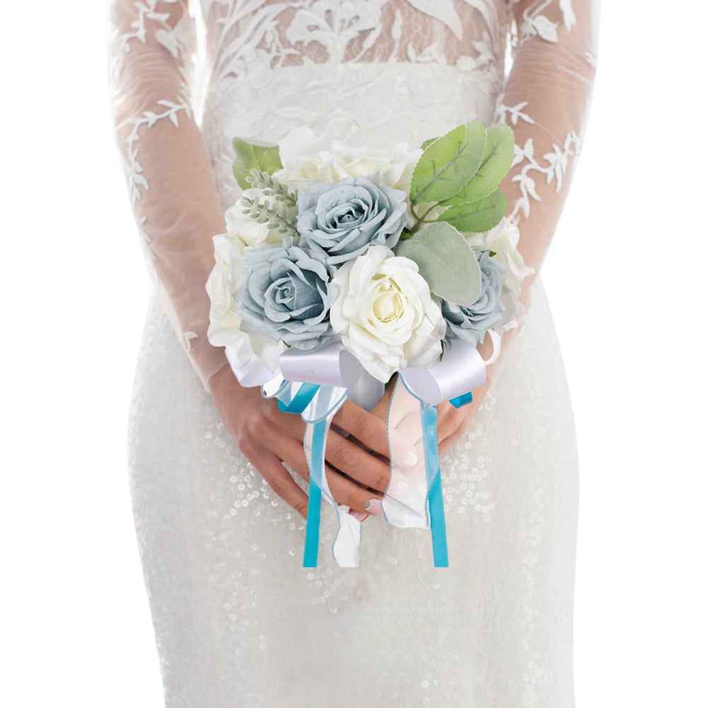 HUONA Rose Bridal Bouquet Bride Bouquet Simulated Rose Flowers Artificial Rose Bouquet Wedding Bouquet for Bride and Bridesmaid Wedding Photos Honeymoon Travel Holiday Gifts White -Light Blue