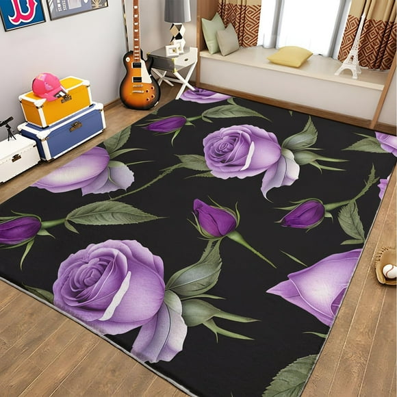 Rug for Living Room 3x5 Purple Rose Washable Area Rugs Non Slip Floor Rugs for Indoor Floor Office Rug Room Rug Entrance Decor, Black