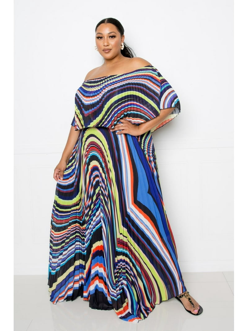 Geo Printed Off Shoulder Pleated Maxi Dress - Walmart.com