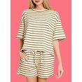 thumbnail image 5 of Women 2 Piece Sets Summer Outfits Cute Stripe Knit T Shirts Shorts Matching Lounge Set Khaki S, 5 of 7