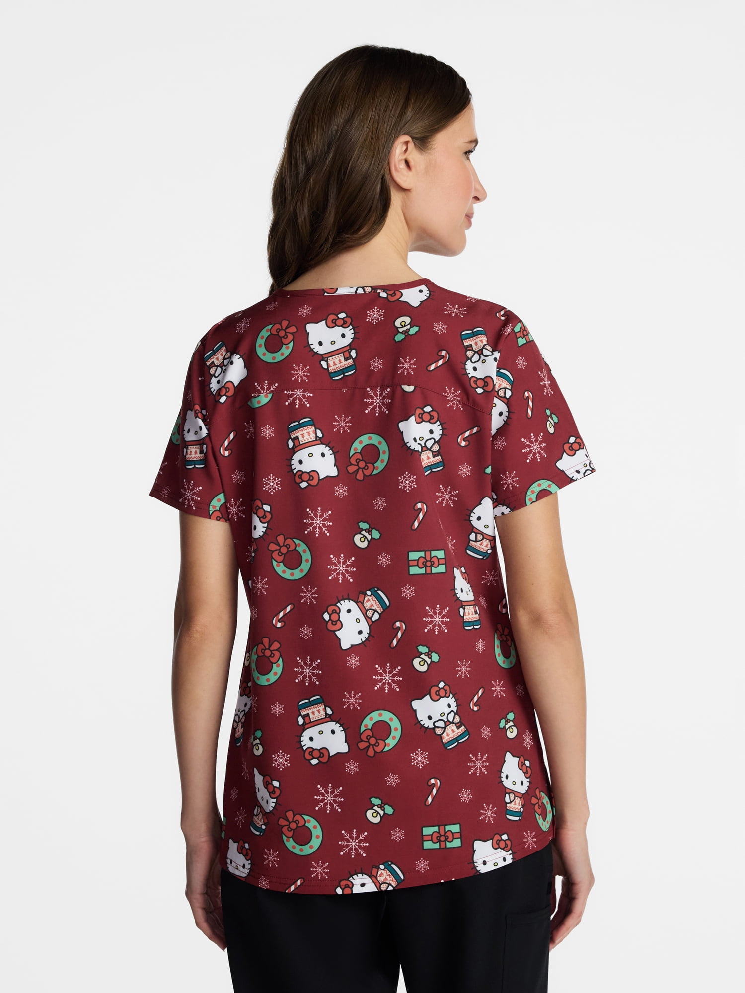 Hello Kitty Women's Holiday Scrub Top with Short Sleeves, Sizes S-XXXL