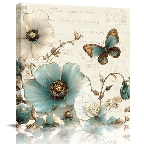 Wall Art Prints, Vintage Flowers Framed Canvas Prints for Bedroom Living Room Bathroom Office, Spring Floral Teal Tulip Butterfly Gallery Wrap Wall Art Poster for Gifts Home Decor 8"x8"