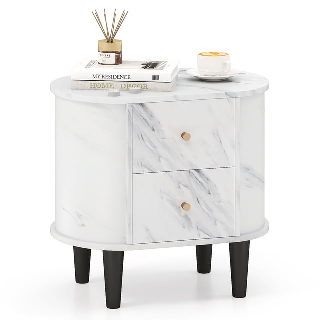 Gymax Table de Chevet avec 2 Tiroirs Table de Chevet en Faux Marbre pour Petit Espace