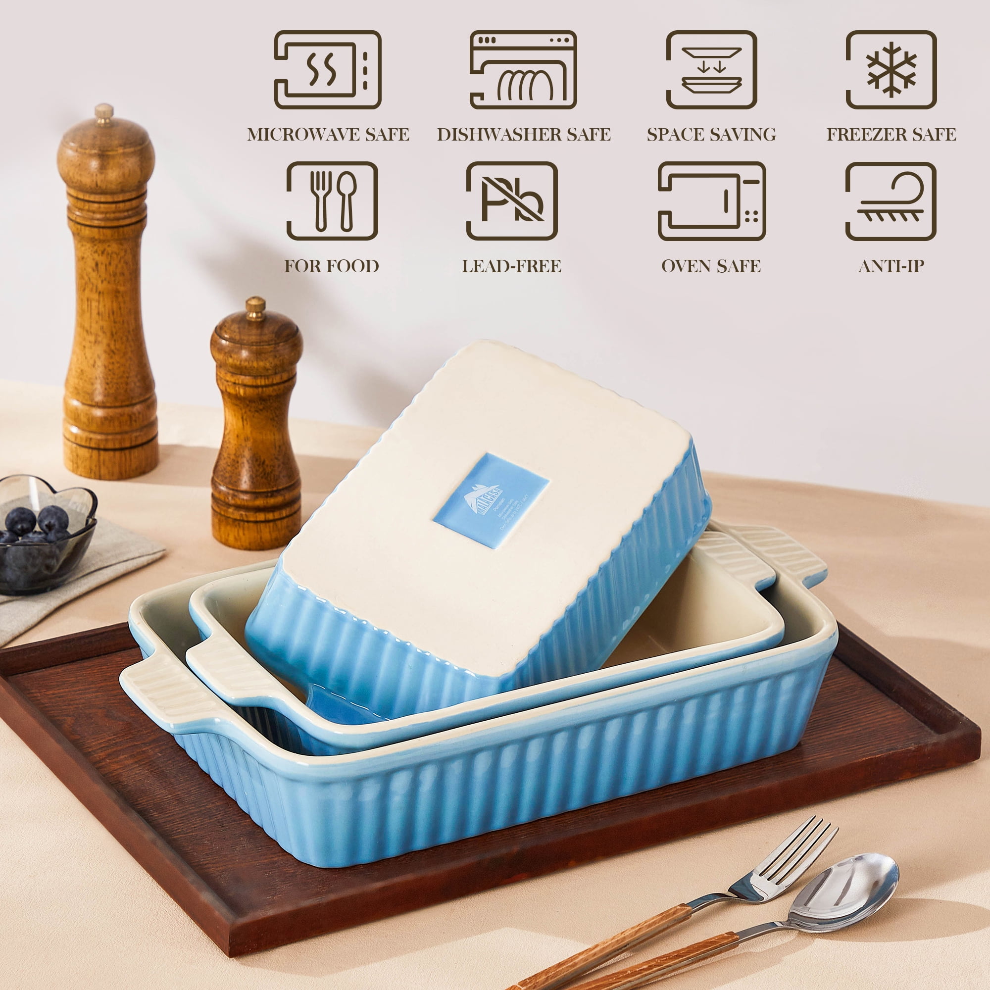 Vancasso Ceramic Baking Dish Set, Thick Casserole Dish for Oven with Handles, Deep Bakeware Sets of 3 for Baking, Lasagna Pan, Blue