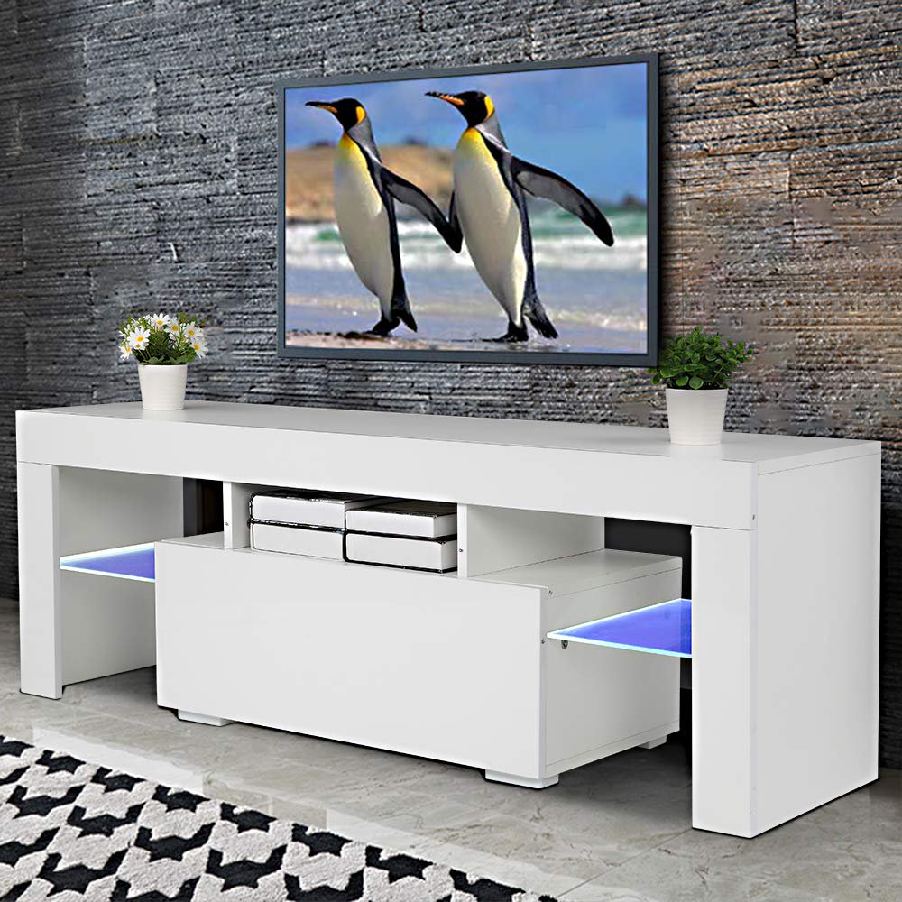 URHOMEPRO Modern White TV Stand with RGB LED Lights, Television