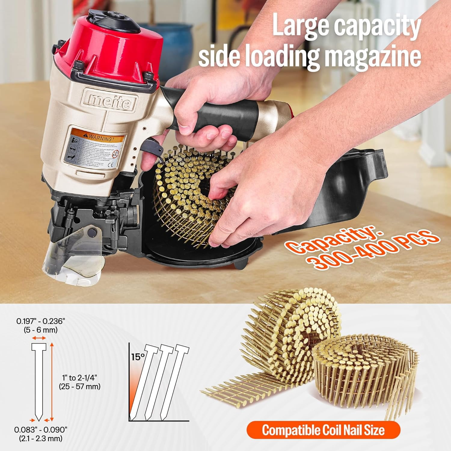 meite Pneumatic Coil Nail Gun CN55, Drives 15 Degree 1" to 2-1/4" Length Coil Nails, for Wooden Projects, Pallets, Siding, Fencing