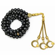 Black Banded Agate Crystal Tasbeeh Prayer Beads, Muslim Islamic Tasbih for Dhikr, Namaz and Ramadan Gift (Golden)