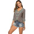 thumbnail image 3 of Chemise Bohème Brodée pour Femmes Manches 3/4 Hauts Bohèmes Mexicains Tunique Blouse, 3 of 5