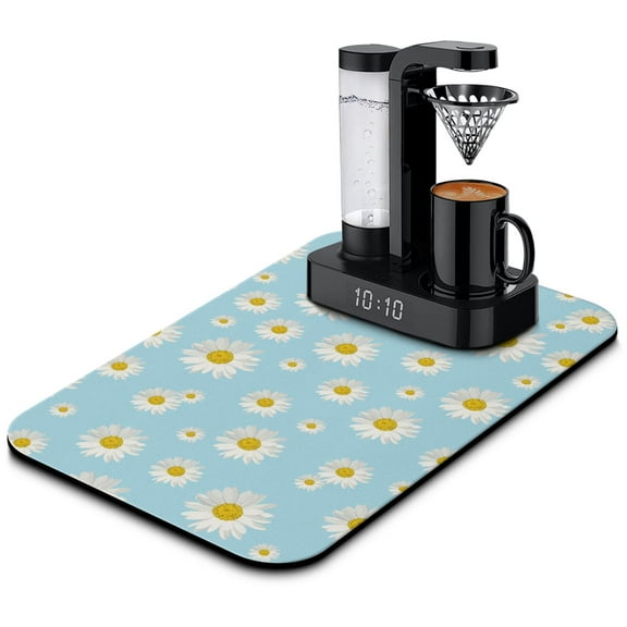 Washable Rubber Daisy Cute Floral Dish Drying Mats for Kitchen Counter Home Large Coffee Bar Pad Accessories and Decor for Utensils Stemware 19.5''x12''