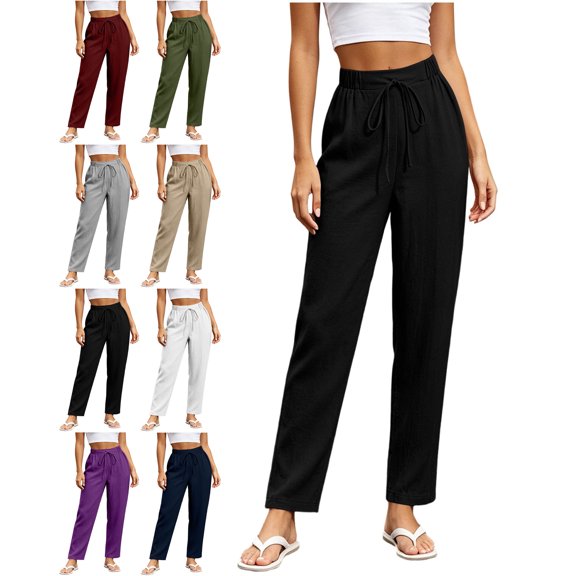Womens Pants with Pockets 100% Cotton Fashion Casual High Waist Loose Pants