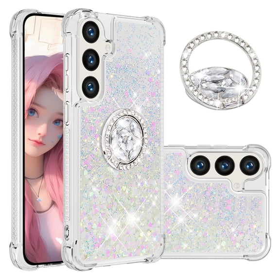CCSmall for Samsung Galaxy S24 FE 5G Case Clear Glitter Bling for Women, Flowing Liquid Quicksand Sparkly Cover with Diamond Ring Holder Case for Samsung Galaxy S24 FE 5G LSZ Colorful