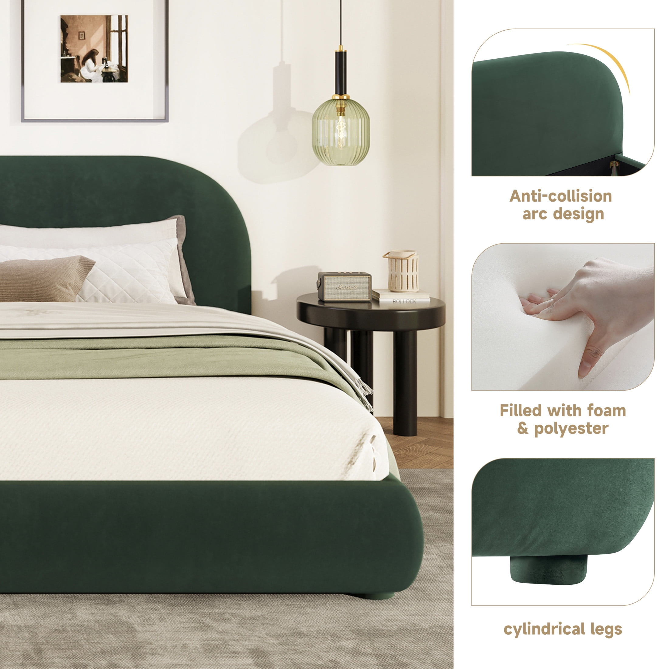 Christopher Knight Home Simple Modern Queen Size Bed Frame with Curved Headboard, Green Upholstered Velvet