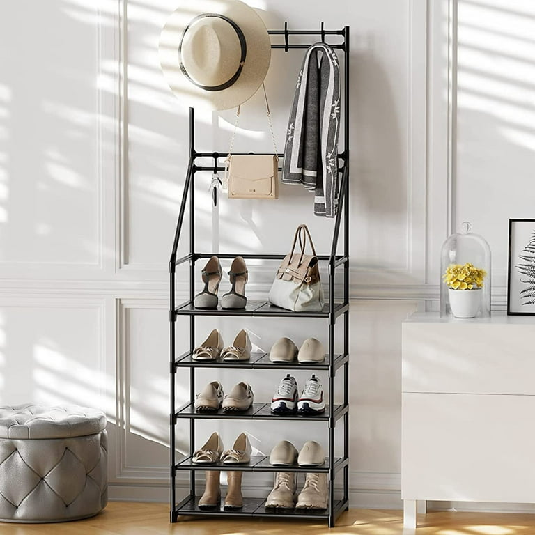 Multi-functional Entryway Shoe Organizer with Coat Hooks, 4-Tier