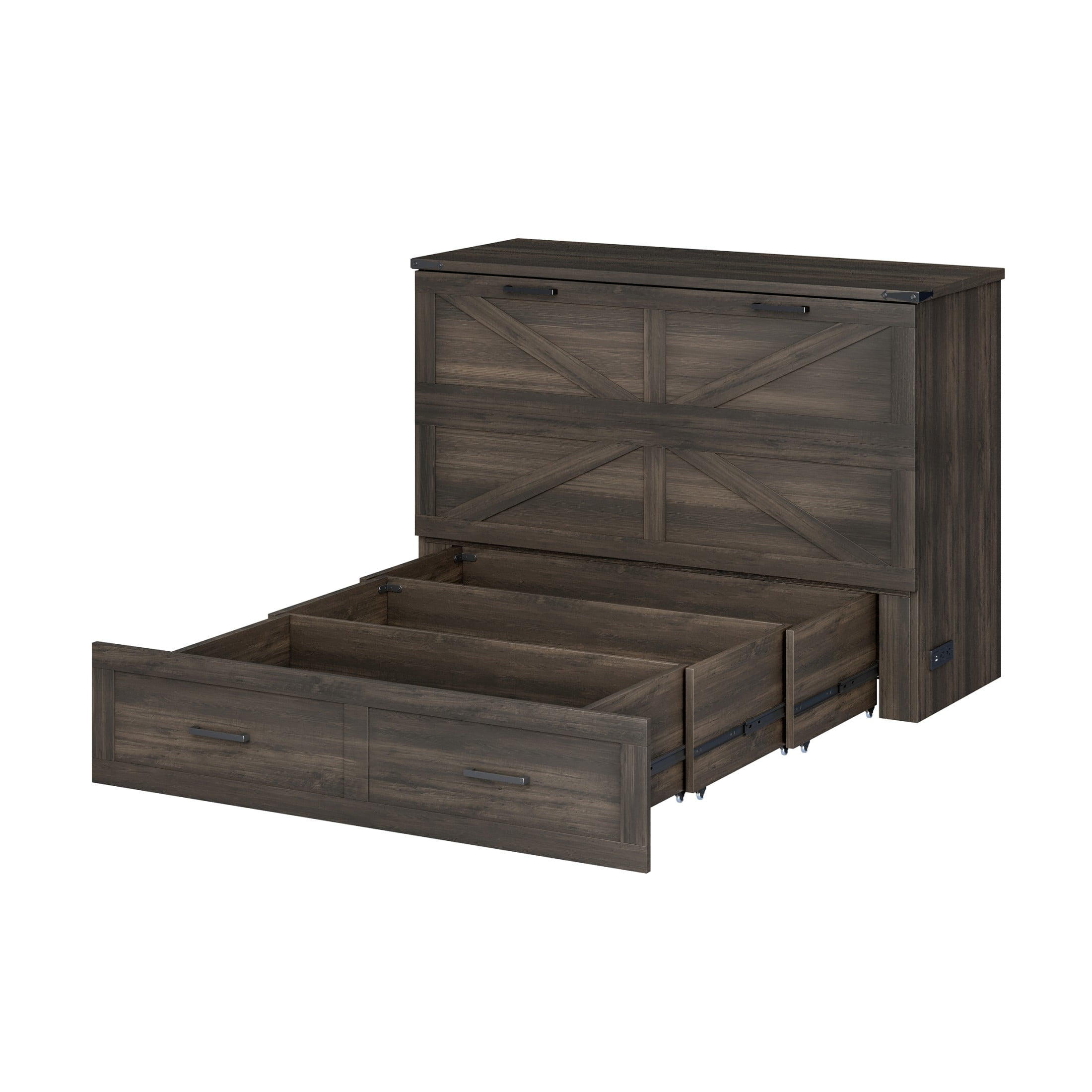 Noble House Full Size Farmhouse Murphy Cabinet Bed with Charging Station and Storage Drawer, Foldable Platform Bed,Gray