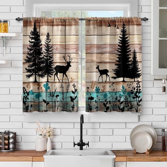 Kitchen Curtains Sets for Windows - Farmhouse Forest Cabin Country Bear Deer Nature Printed Short Half Cafe Curtain for Dining Room Bathroom Decor Rod Pocket Window Drapes 40Inch Length