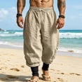 thumbnail image 2 of Mens Linen Pants Drawstring Elastic Waist Tapered Leg Pants Casual Breathable Summer Vacation Beach Trousers with Pockets, S, 2 of 9