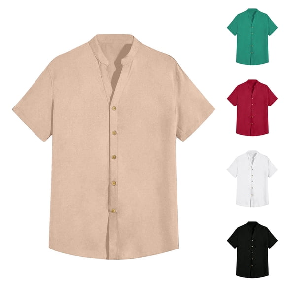 Mens Hawaiian Shirt Band Collar Short Sleeve Button Down Shirts Summer Beach Shirts White