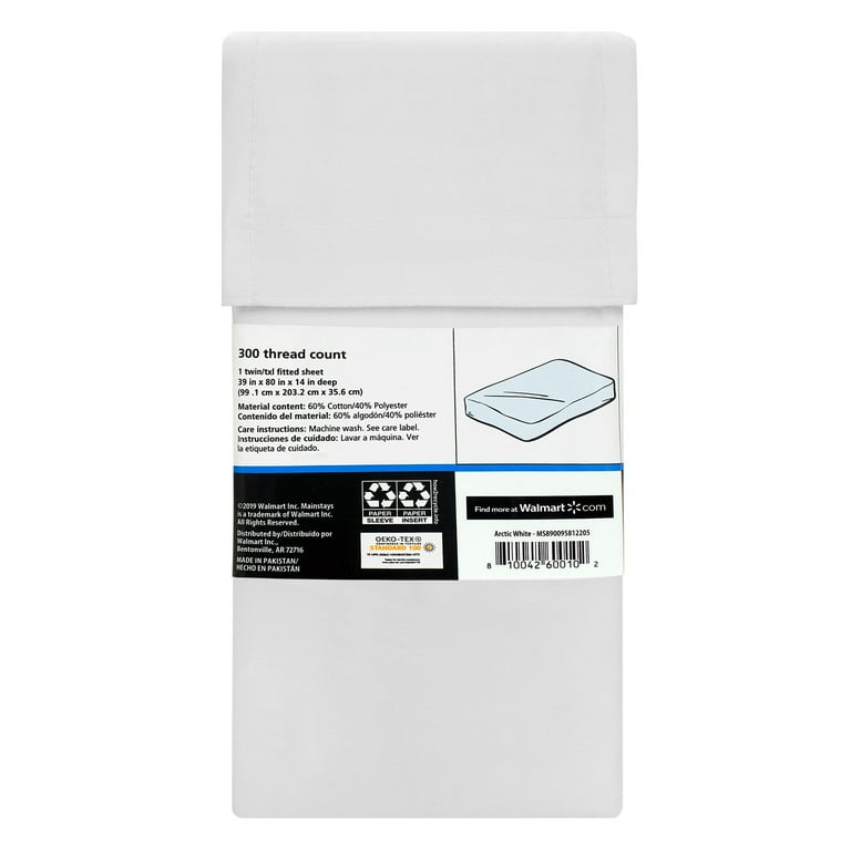 Mainstays 300TC Cotton Rich Percale Easy Care Bed Sheet,Arctic White Twin/ Twin XL Flat Sheet 