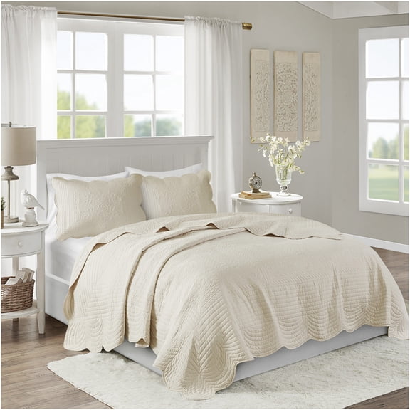 JERFIT Reversible King Quilt Set with Shams, Lightweight Farmhouse Bedding, Antimicrobial Microfiber, Cream