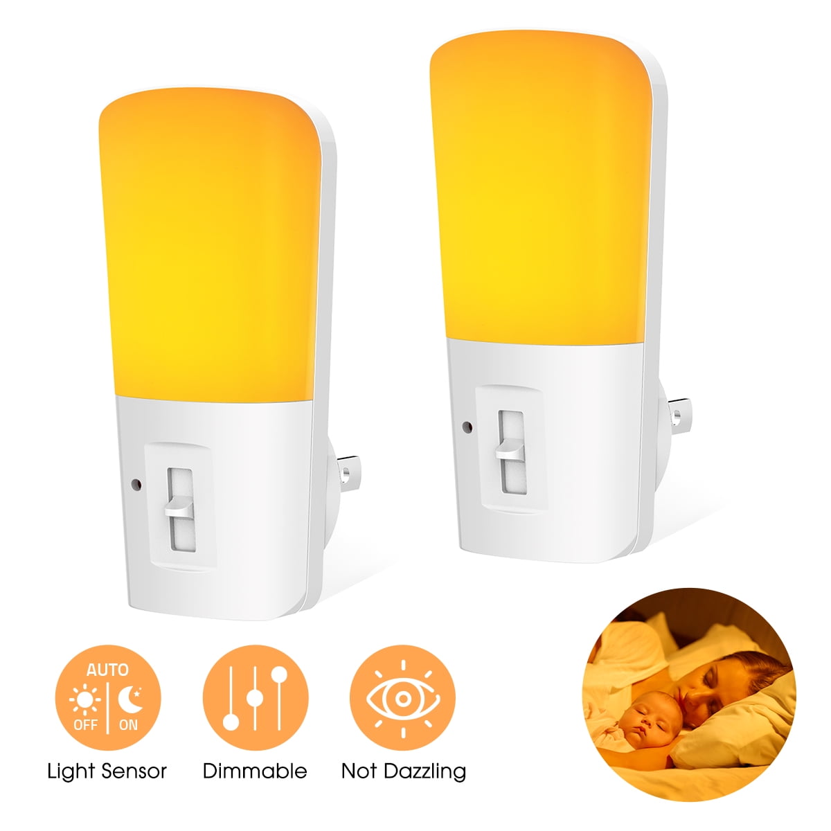 LED Amber Night Light, Dimmable Yellow Plugin Night Light with Dusk to