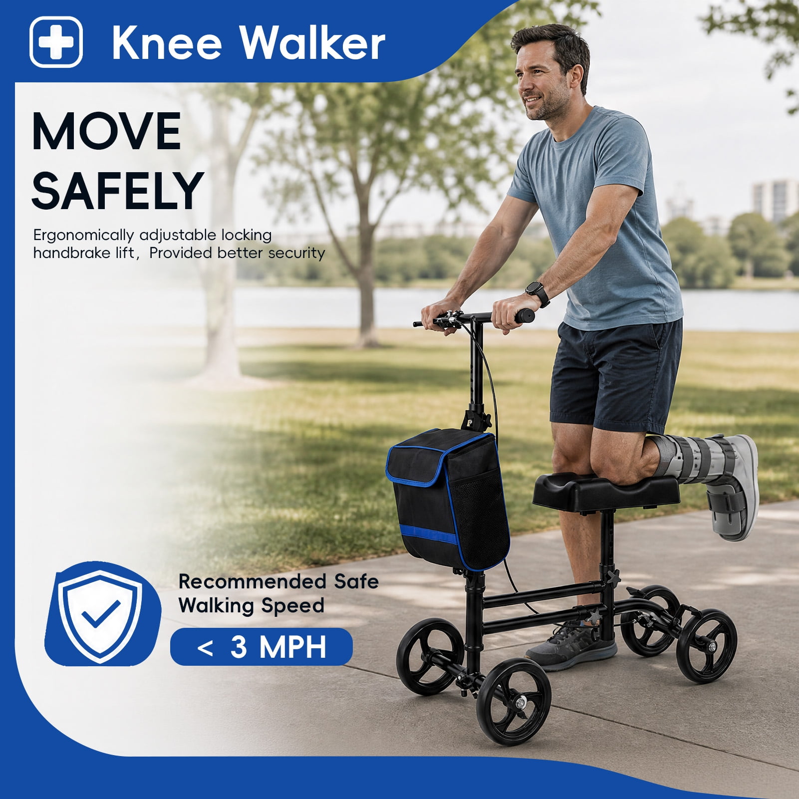 Portable Knee Scooter with Adjustable Hand Brake, Foldable Lightweight Leg Walker for Foot & Ankle Injuries, Crutch Alternative for Post-Surgery Recovery-Black