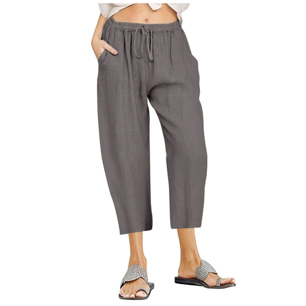 Summer Savings Clearance! PEZHADA Capri Pants for Women Wide Leg Cropped  Pant Casual Summer Cotton Linen Pants Loose Elastic Waist Capris Trousers