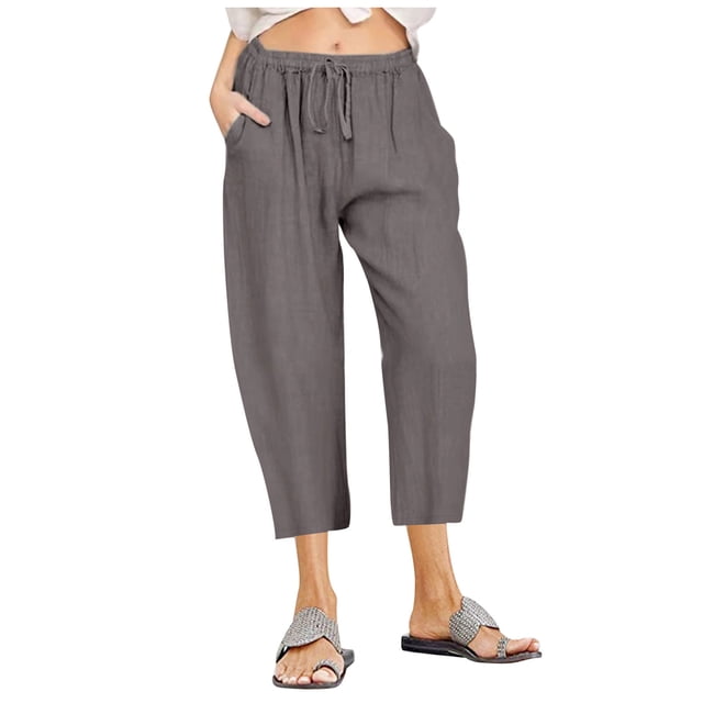 DPTALR Femmes Décontracté Uni Coton Lin à Cordon Taille Élastique Pantalon à Jambe Grand Pantalon Court