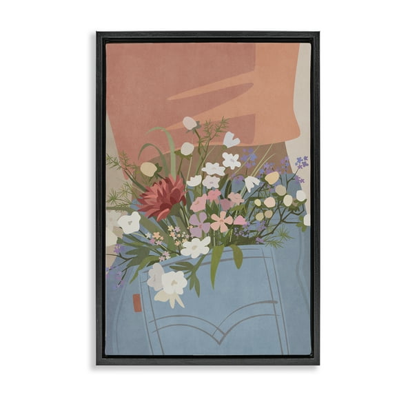 Stupell Industries Flowers in Jeans Pocket Plants & Flowers Painting Black Floater Framed Canvas Art Print Wall Art, 17 x 25