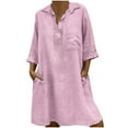 thumbnail image 2 of Sakmal Plus Size Summer Dresses Mini Shirt Dress Cotton Line Pink Solid V Neck 3/4 Sleeve Dresses, 2 of 6