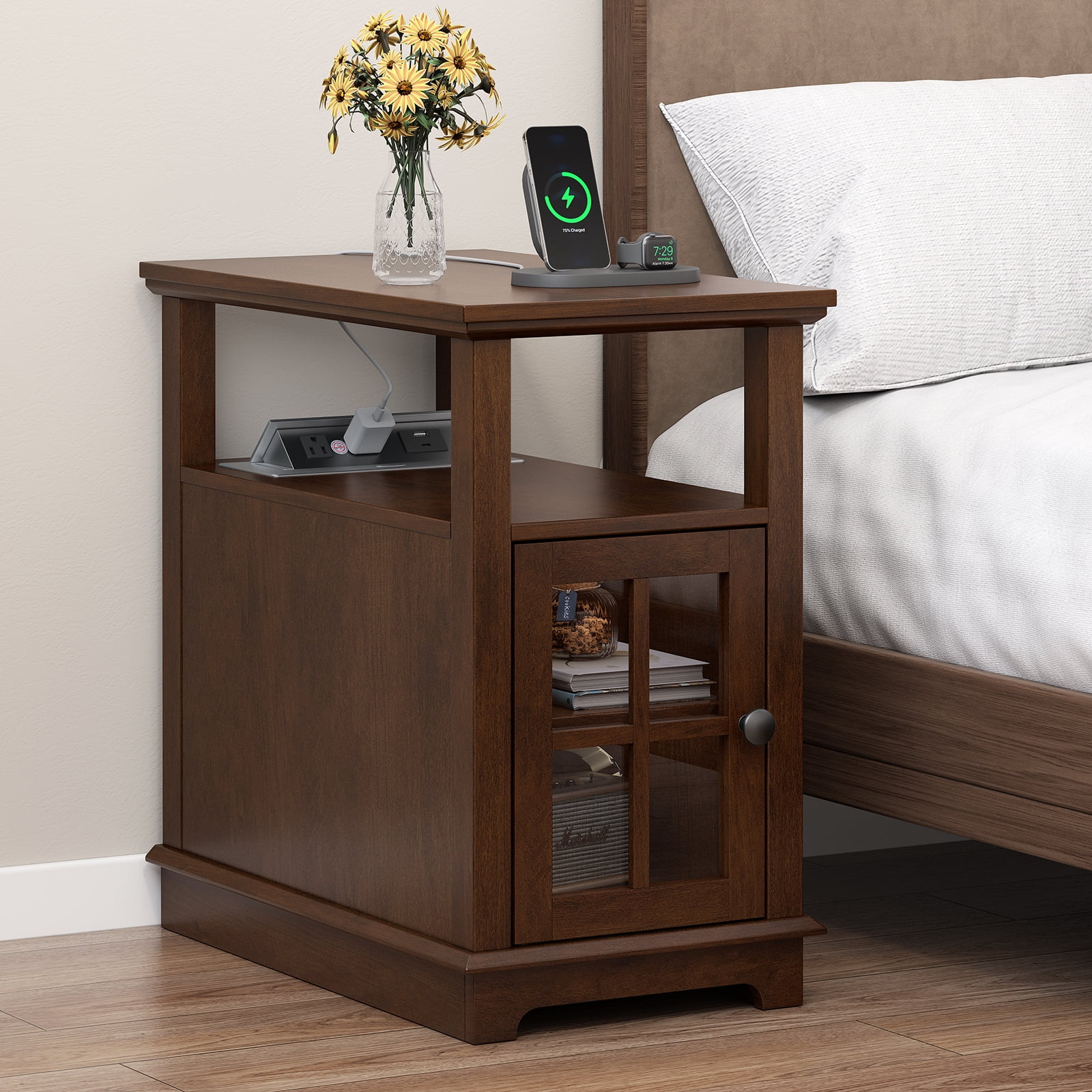 FAGAGA End Tables with Charging Station for Living Room, Wooden Nightstand for Bedroom,Cherry