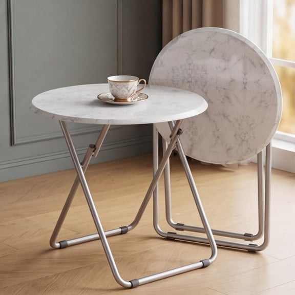 Round Folding TV Tray Table Set of 2, Marble Top Portable Snack Eating Table for Couch, Living Room and Small Spaces