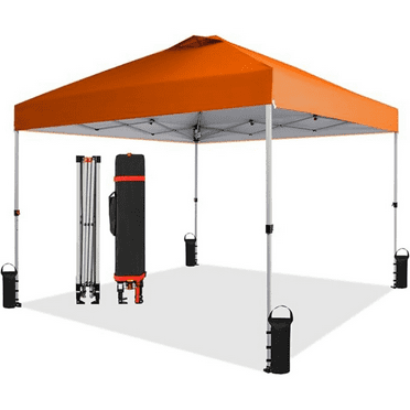 10x10 Pop Up Canopy - Beach Tent with One Push Setup - Easy Outdoor Sun Shade for Events, Parties, Camping - Gazebo with STO-N-Go Cover Bag, Silver Coated Top, Orange