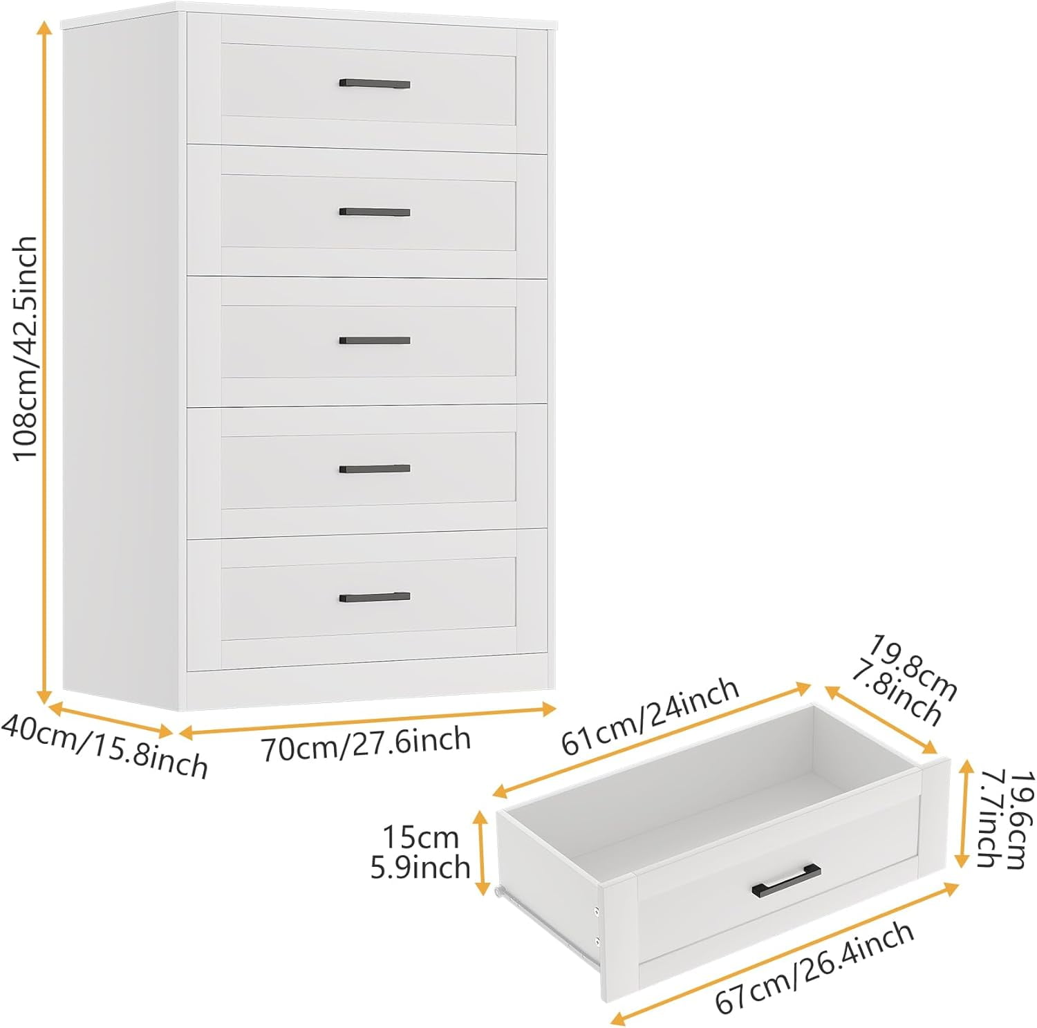 Winkalon White 5 Drawer Dresser Chest Drawers Bedroom Modern Storage Cabinet Dresser Organizer Unit Handle Living Room Closet Hallway Nursery