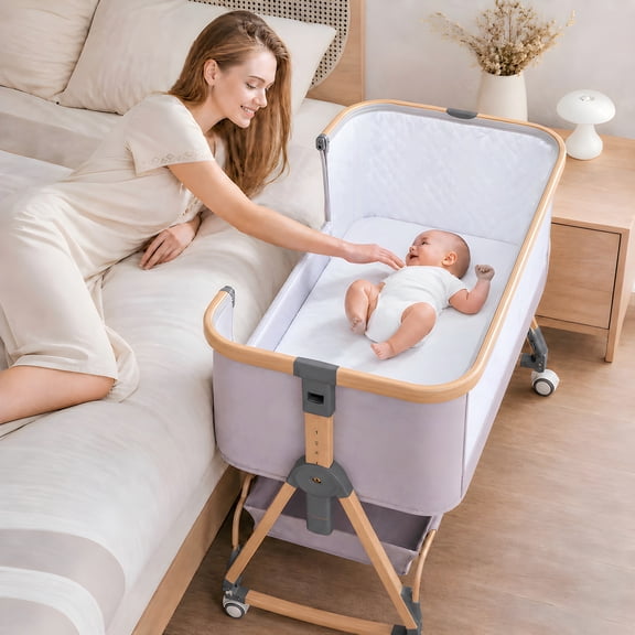PRVAETU Baby Bassinet w/ Mattress & Height Adjustable for Newborn,Grey