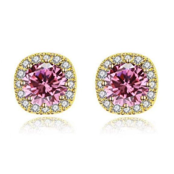18k Yellow Gold 4 Ct Round Created Pink Sapphire Halo Stud Earrings Plated by Paris Jewelry