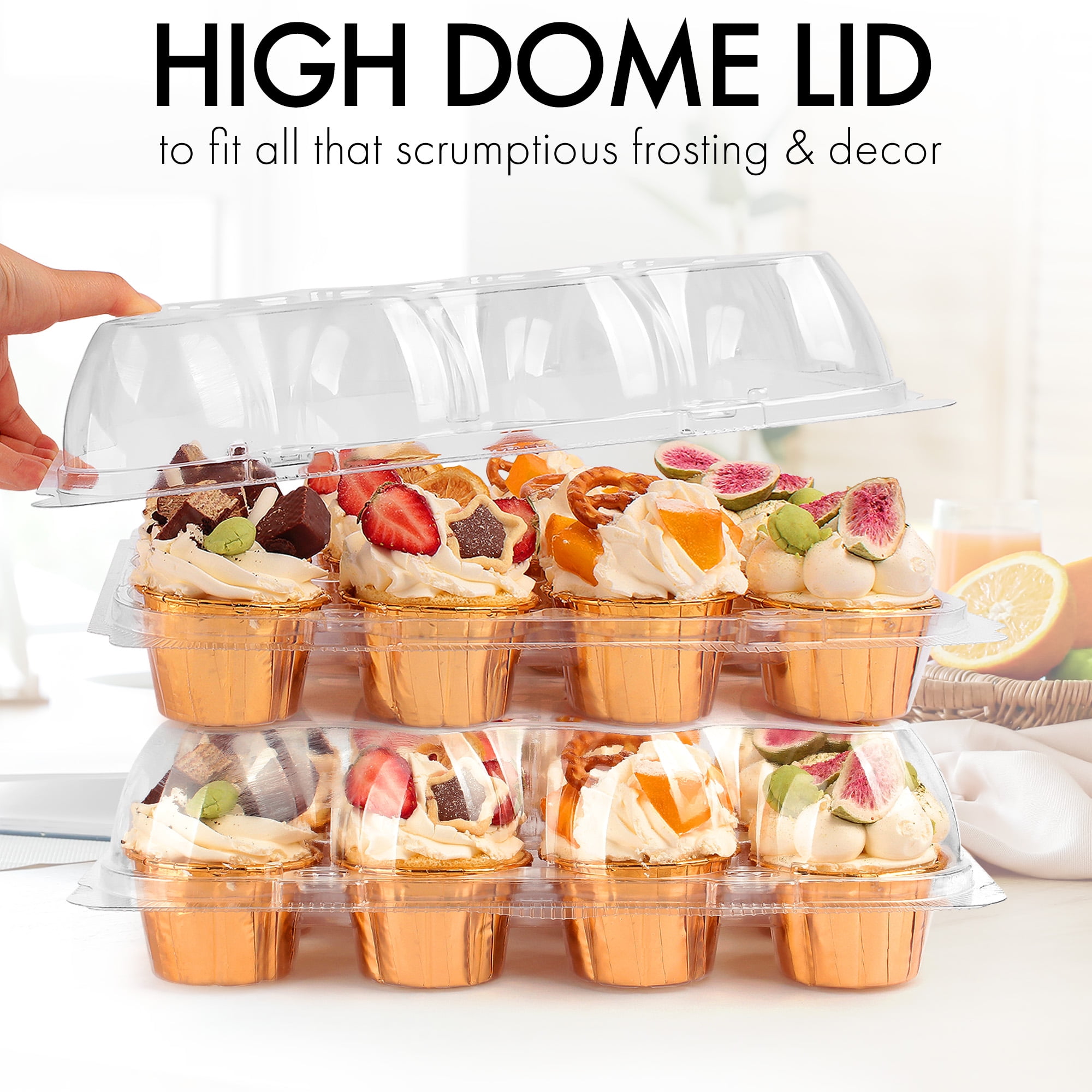 5 – 24 Compartment Clear High Dome Cupcake Containers Boxes with baking cup  liners – Great for high topping – 5 boxes 24 slot each – Plus White standard  size baking cups – Decony