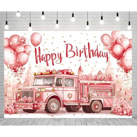 Pink Birthday Banner Background Pink Fire Truck Flower Balloon Pink Gold Sparkling Glitter Birthday Backdrop Photography for Photo Booth Studio Background