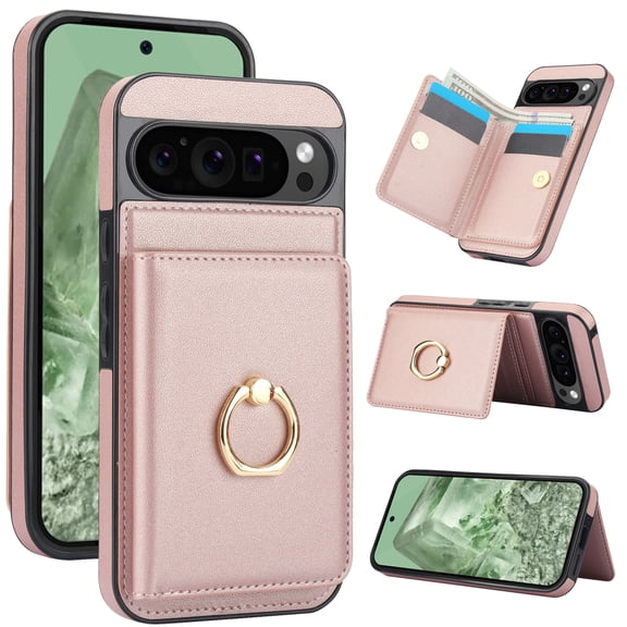 For Google Pixel 10 /10 Pro Case Wallet Card Holder,Premium PU Leather Back Flip Kickstand Folio Case,RFID Blocking Ring Holder Shockproof Magnetic Women Men For Google Pixel 10 /10 Pro,Rosegold