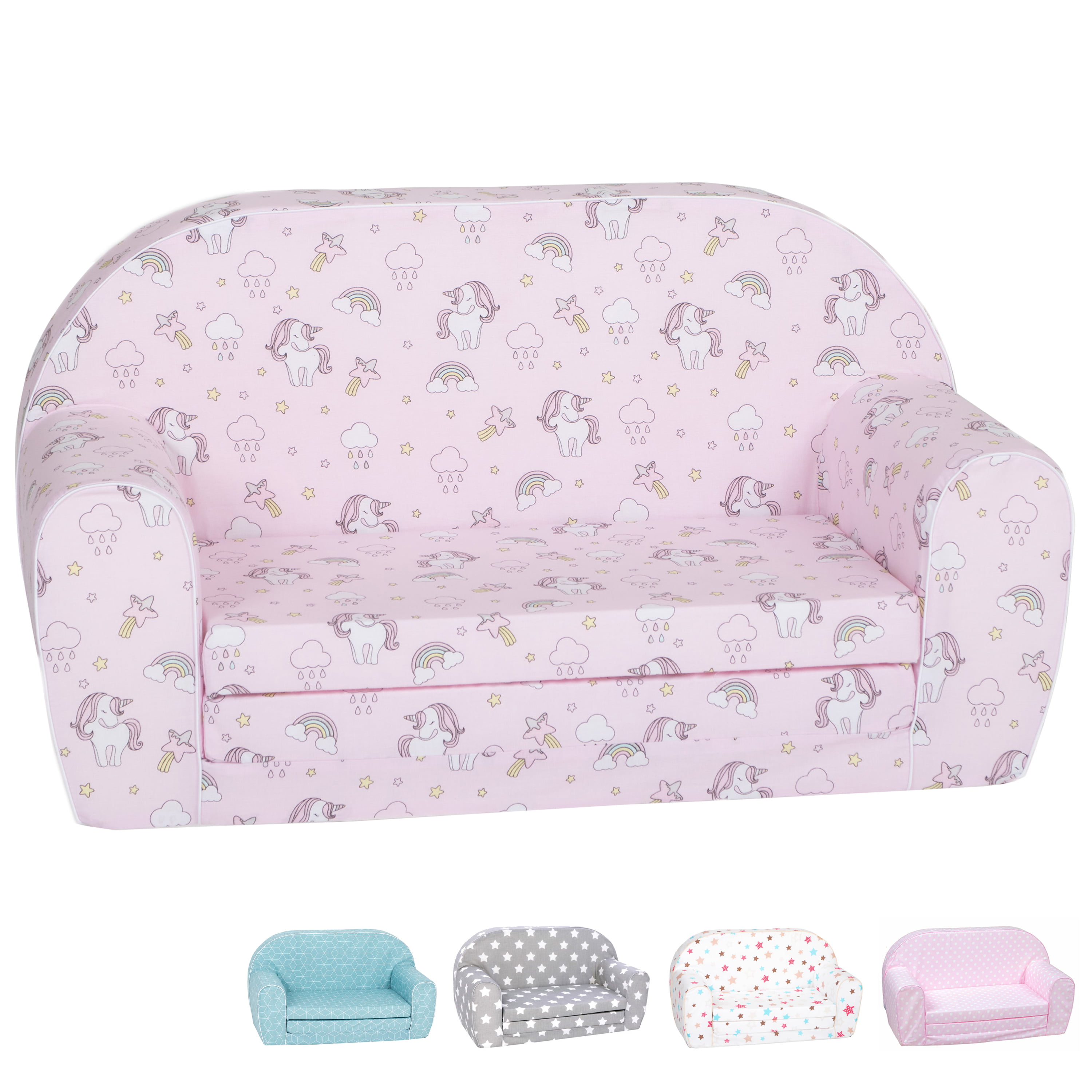 DELSIT Toddler Couch & Kids Sofa - European Made Children's 2 in 1 Flip Open Foam Double Sofa - Kids Folding Sofa, Kids Couch - Comfy fold Out Lounge (Unicorns and Rainbows Pink)