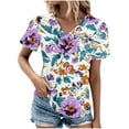 thumbnail image 2 of JTZGDY Womens Summer Short Sleeve T-Shirts Cute Floral Printed Button Wrap Cross V Neck Graphic Tunic Tops Trendy Business Work Blouse Purple M, 2 of 6