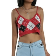 Opperiaya Women Argyle Printed Camisole Spaghetti Strap Knitted Crop Cami Tops