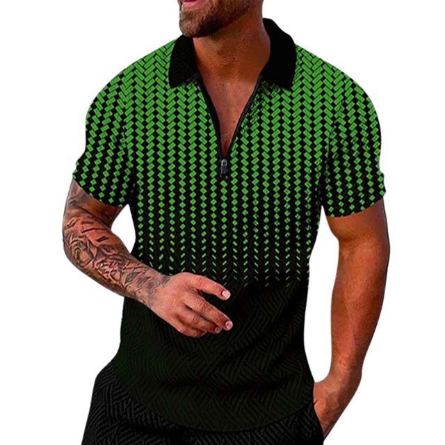 Camisas Para Hombre Manga Corta Camisa informal de manga corta con cuello vuelto y cremallera con estampado informal para hombre (Green, 3XL)