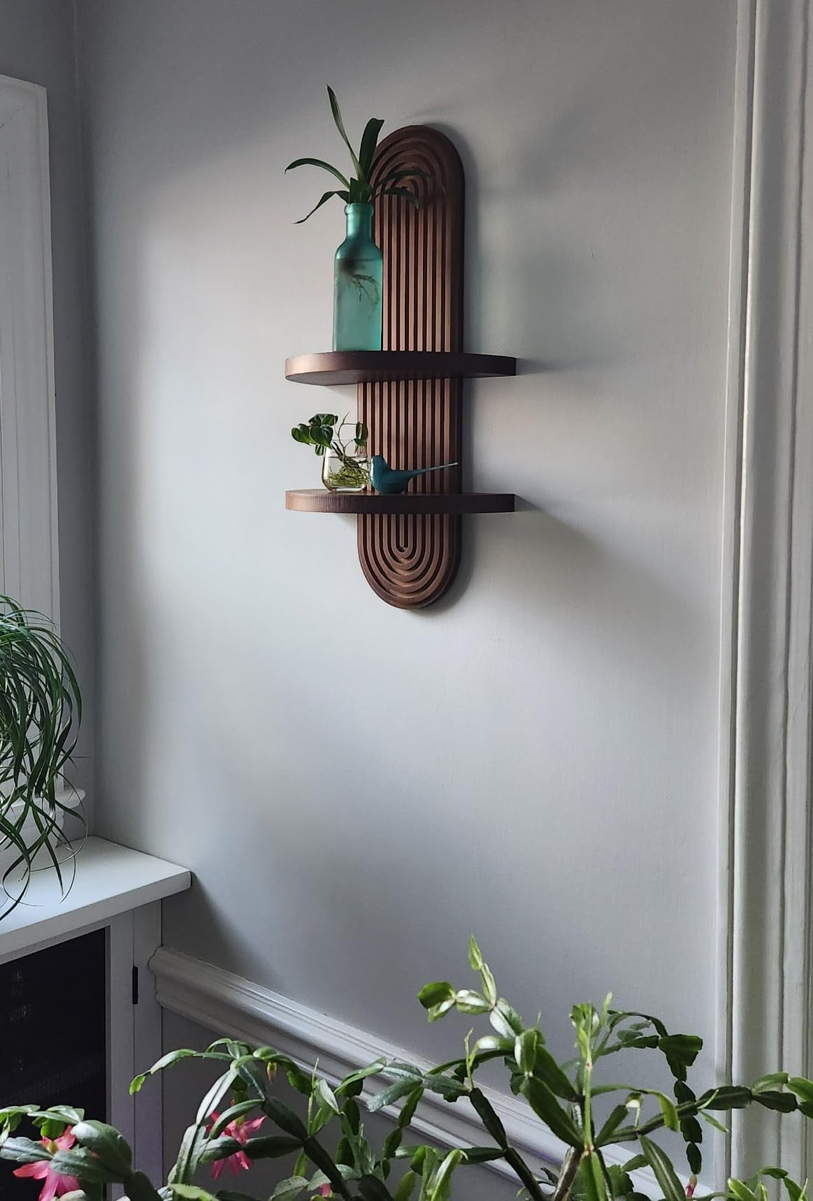 Modern Wall Shelf with Arched Wood Design Mid-Century Double Floating Rainbow Shelves for Indoor Decoration Holding Planter Ornaments, 22 x 11.6 Inch (Walnut)