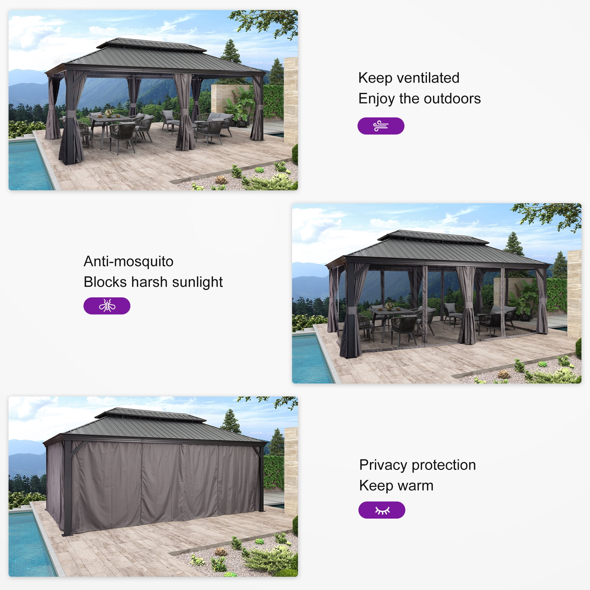PURPLE LEAF 12' X 20' Permanent Hardtop Gazebo Aluminum Frame Gazebo with Galvanized Steel Double Roof for Patio Lawn and Garden, Curtains and Netting Included, Grey