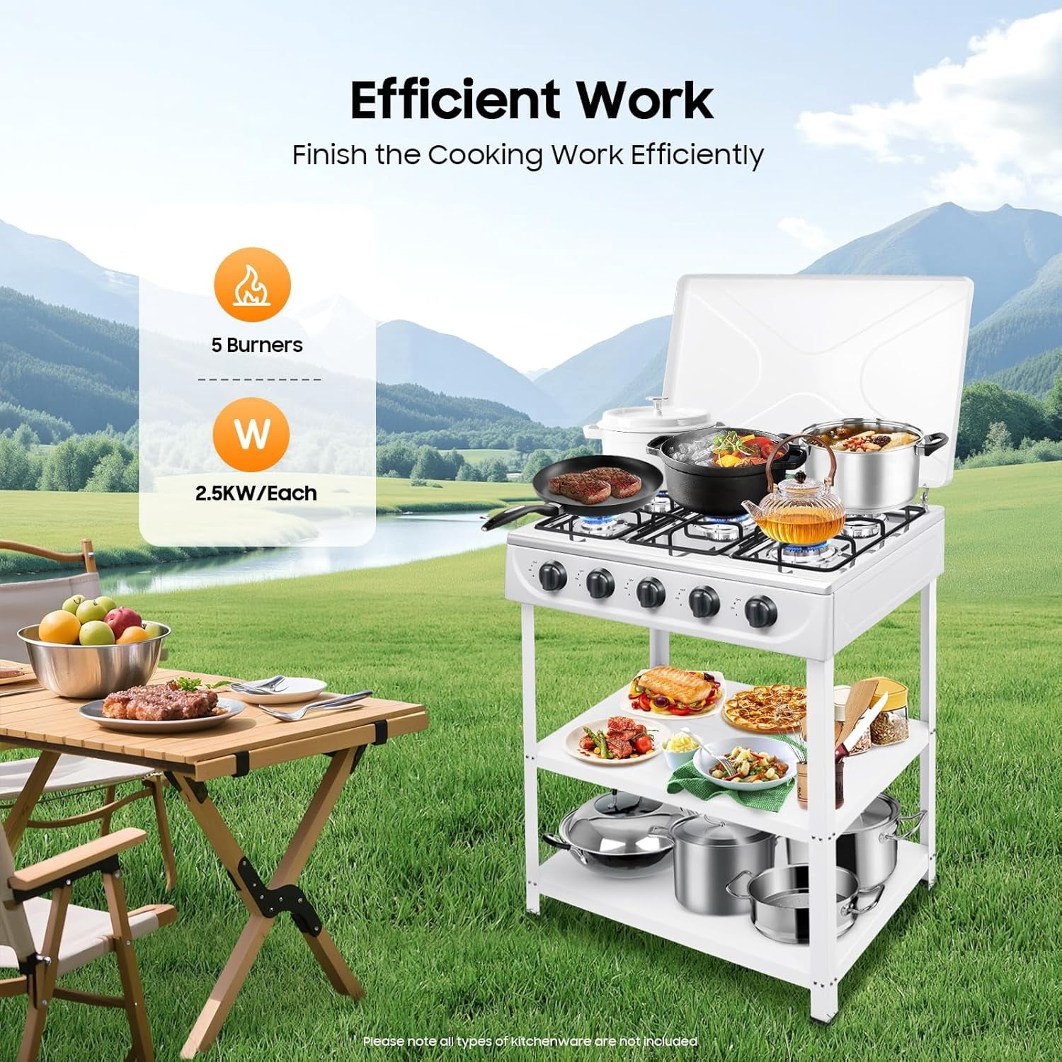 5 Burner Propane Gas Stove with Support Leg Stand and Wind Blocking Cover, Manual Ignition Camping Stove for Outdoor Cooking, RV Travel（White）